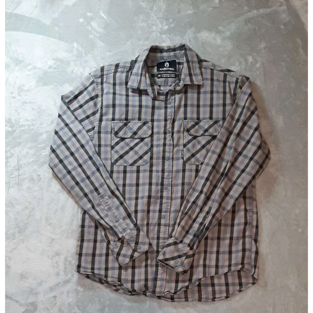Kryptek Flannel Shirt Mens Med Gray & Beige Striped Snap Button Up Long Sleeve